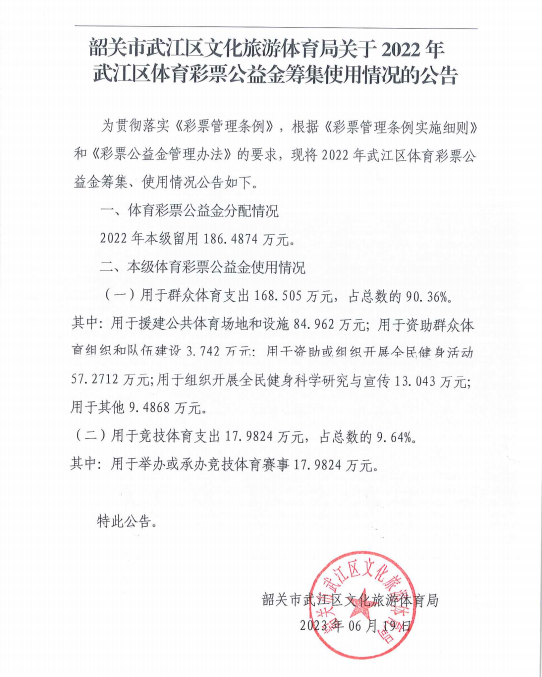 韶关市武江区文化旅游体育局关于2022年武江区体育彩票公益金筹集使用情况的公告.png