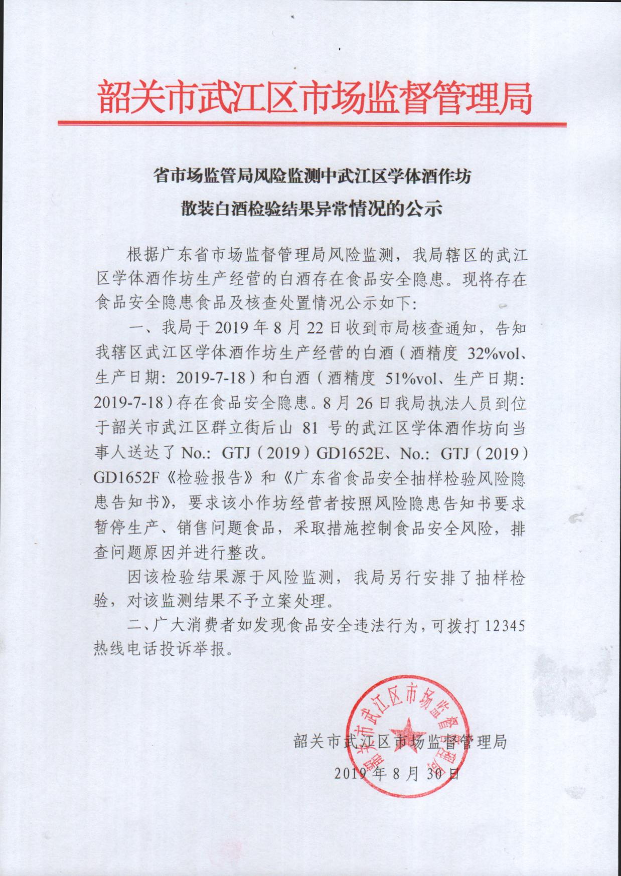 省市场监管局风险监测中武江区学体酒作坊散装白酒检验结果异常情况的公示.jpg